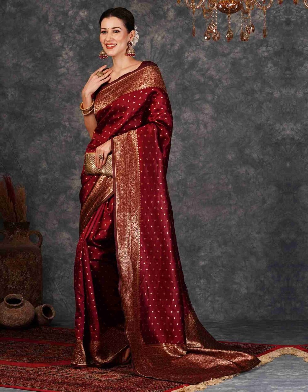 Maroon Banarasi Silk Saree - Image 3