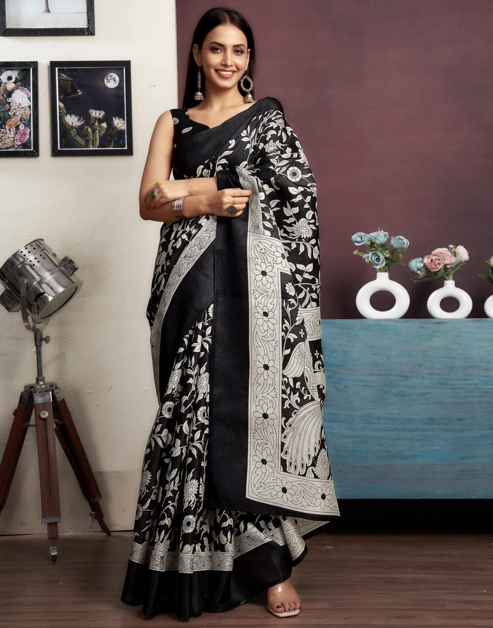 Black Cotton Blend Printed Saree - Image 3