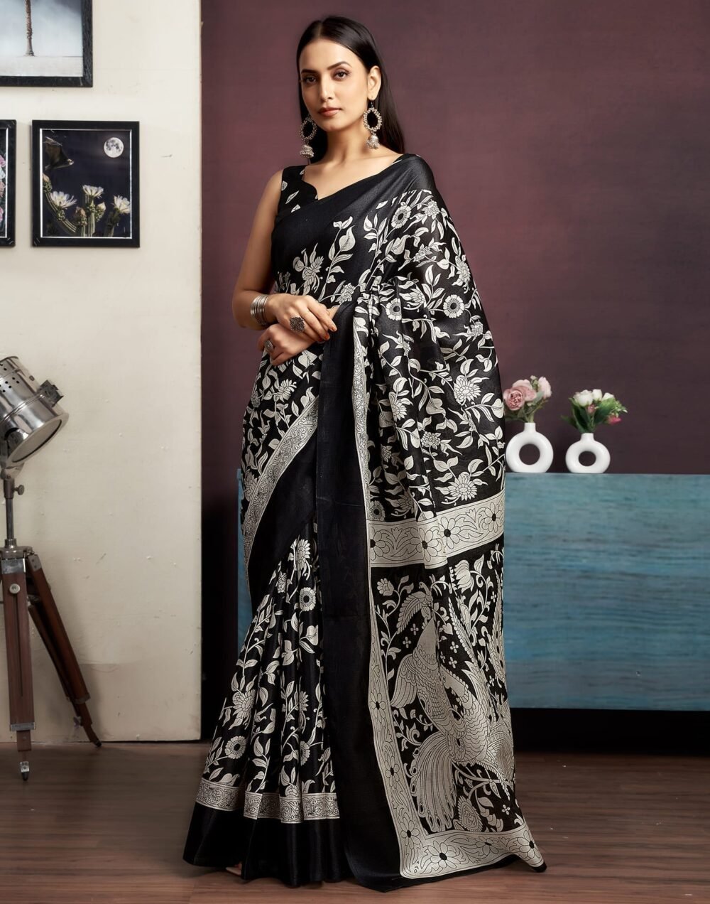 Black Cotton Blend Printed Saree - Image 5