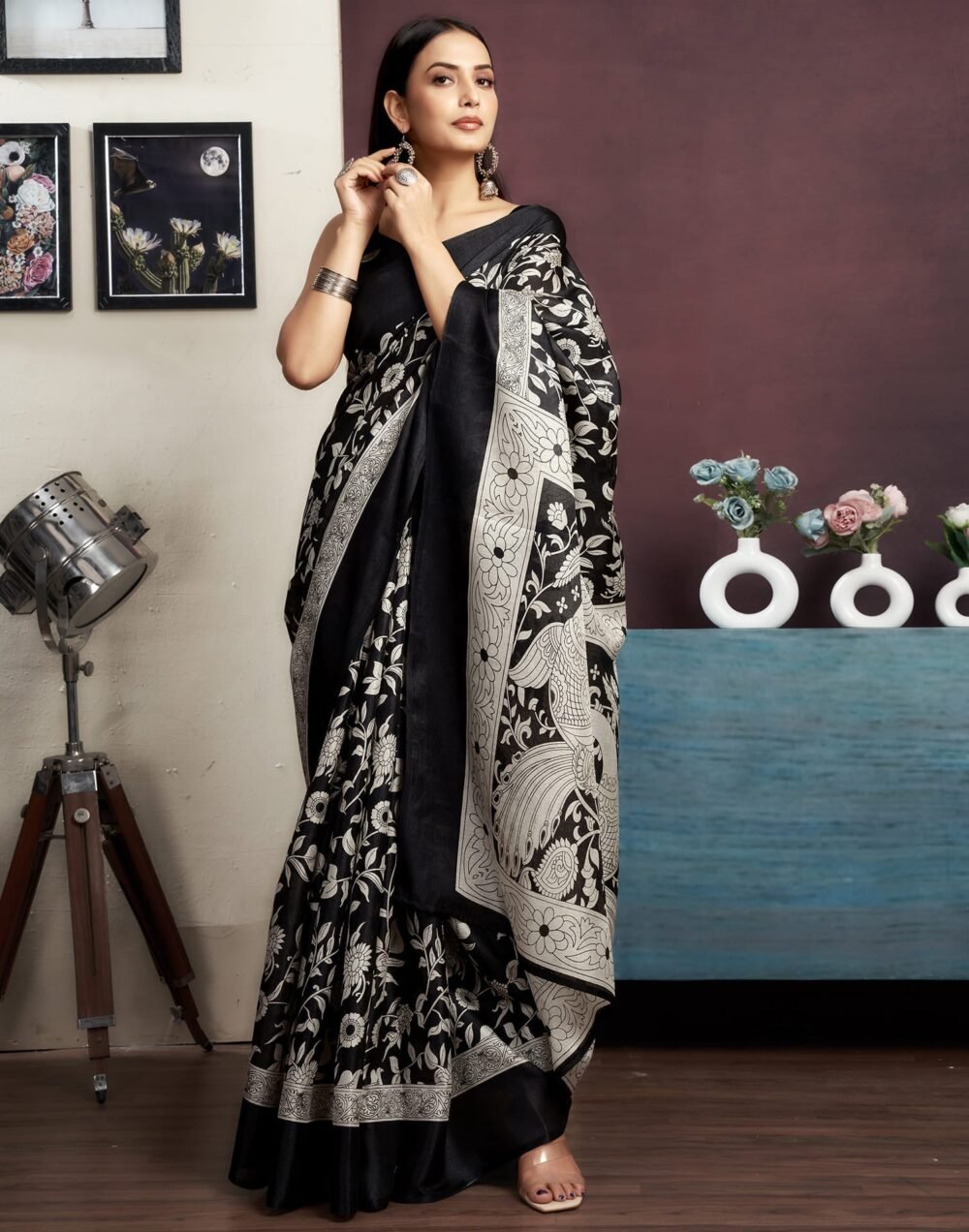Black Cotton Blend Printed Saree - Image 6