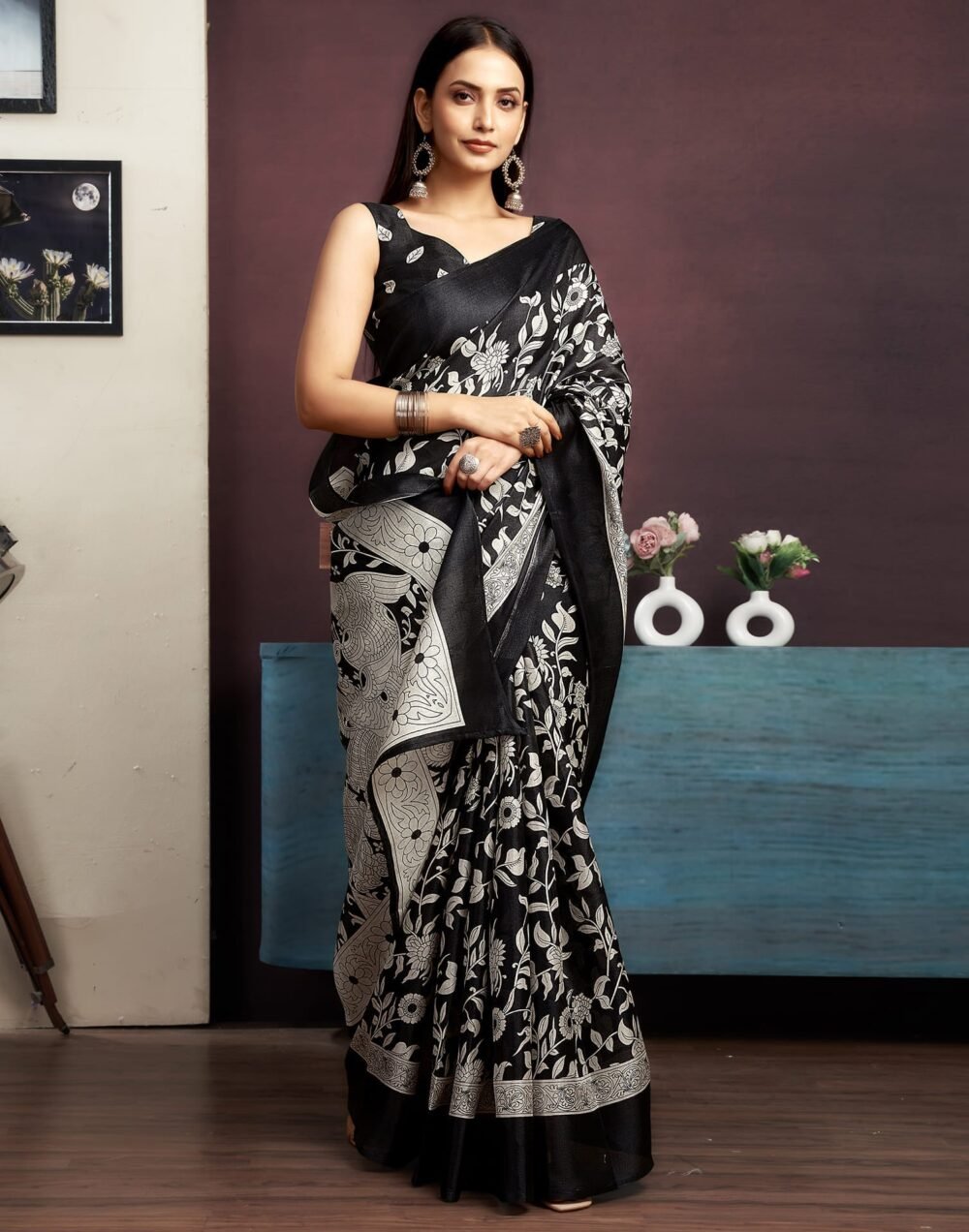Black Cotton Blend Printed Saree - Image 2