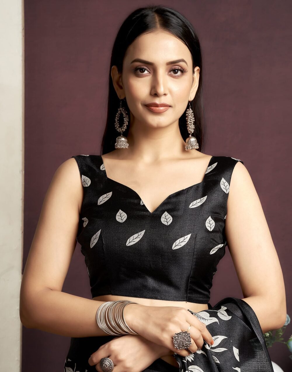 Black Cotton Blend Printed Saree - Image 7