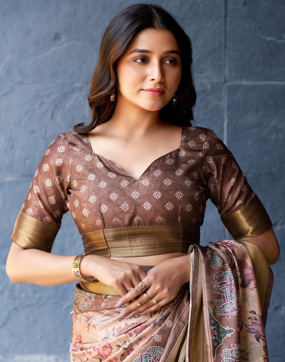 Cream Silk Printed Saree - Image 7