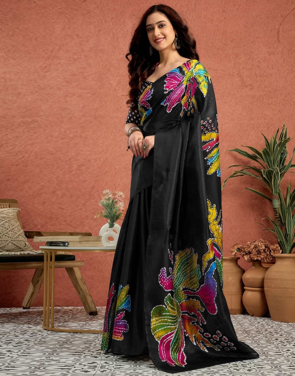 Black Vichitra Silk Printed Saree - Image 3
