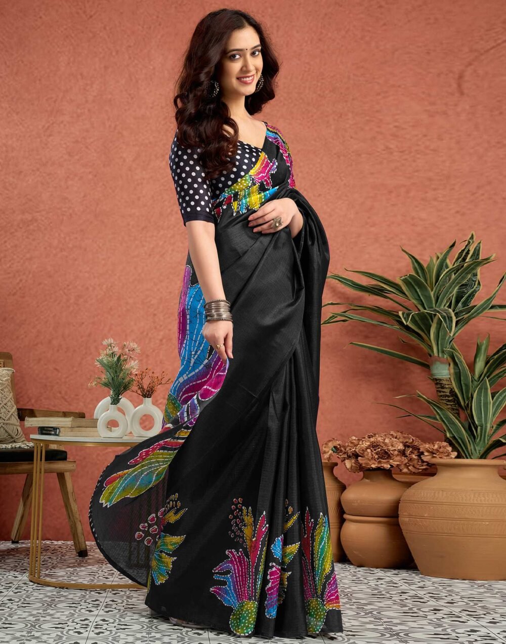 Black Vichitra Silk Printed Saree - Image 4