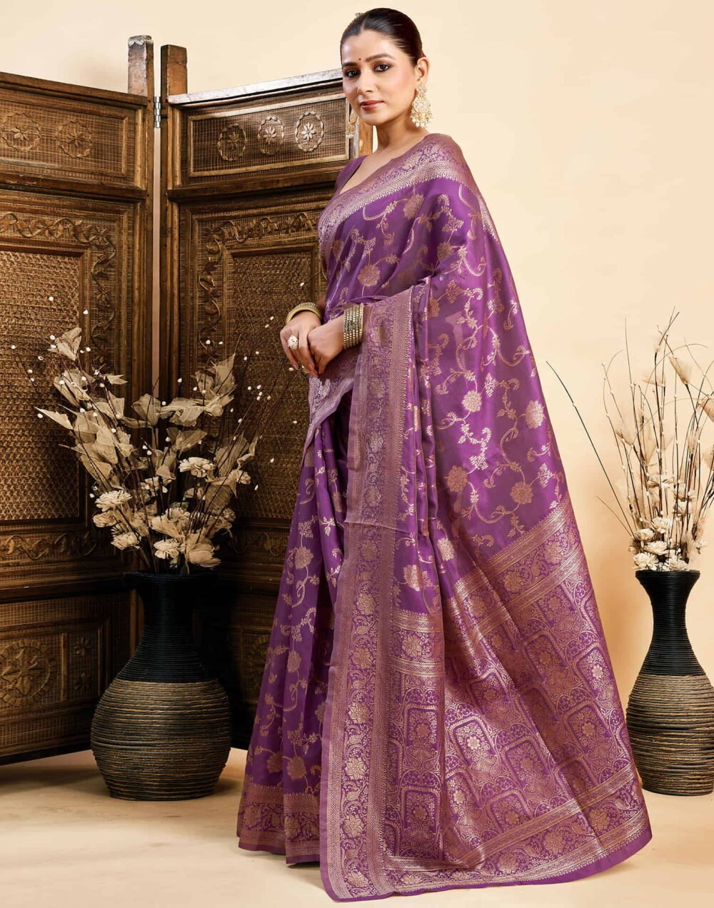 Purple Silk Woven Banarasi Saree - Image 5