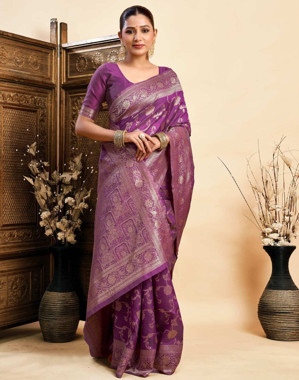 Purple Silk Woven Banarasi Saree - Image 4