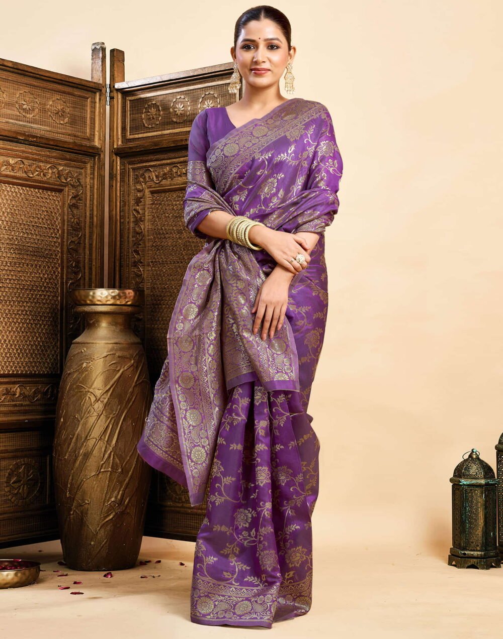 Purple Silk Woven Banarasi Saree - Image 3