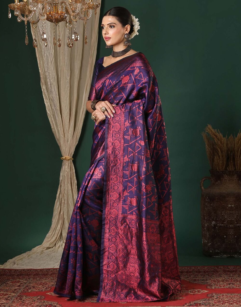 Navy Blue Silk Woven Saree - Image 4