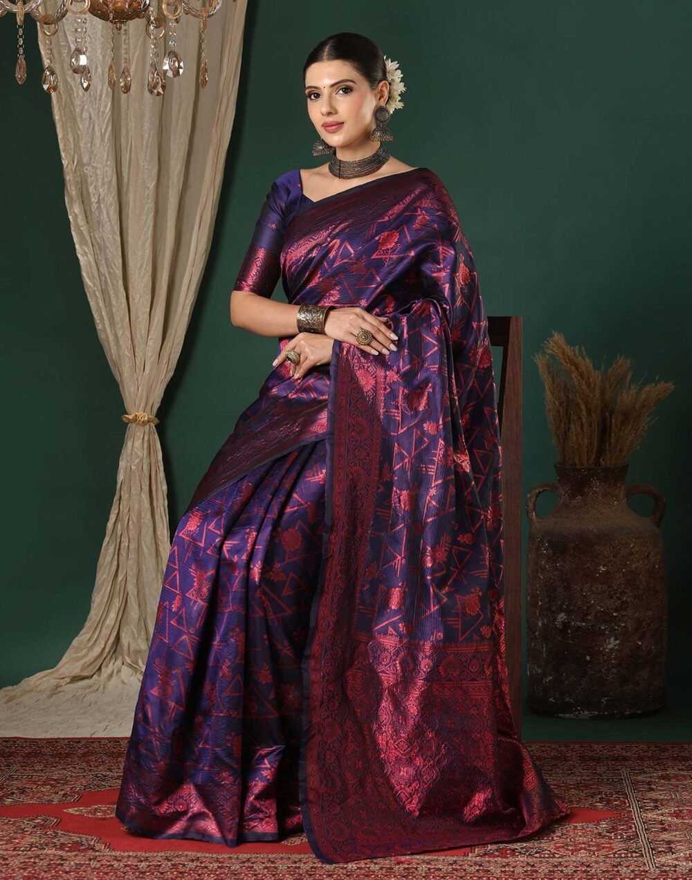 Navy Blue Silk Woven Saree - Image 3