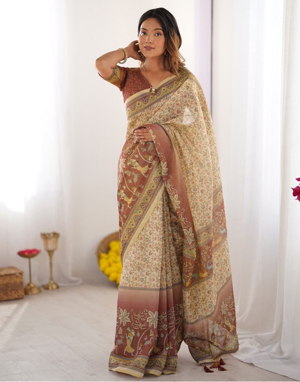 Beige Linen Floral Printed Saree - Image 4