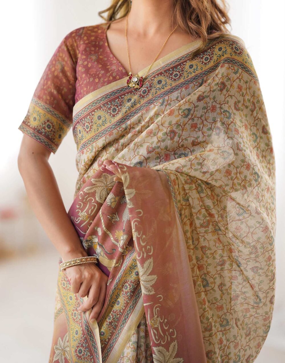 Beige Linen Floral Printed Saree - Image 2