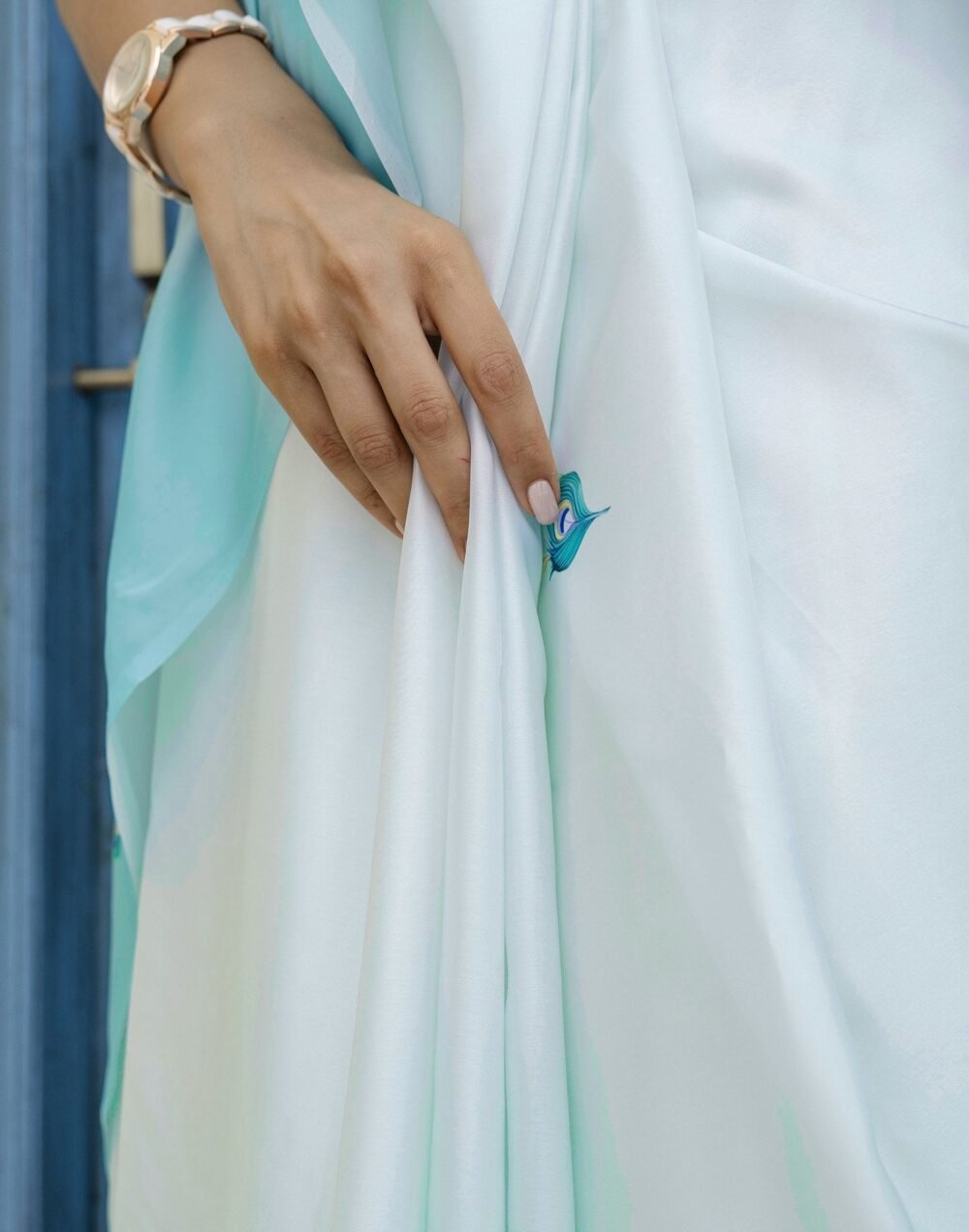 Handsfree Light Blue Satin Printed Saree - Image 13