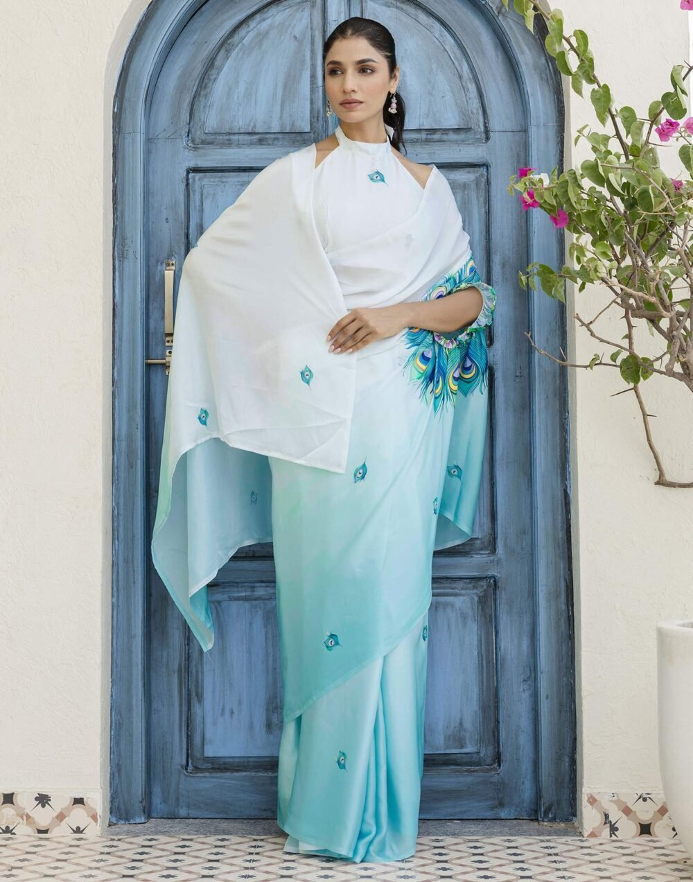 Handsfree Light Blue Satin Printed Saree - Image 7