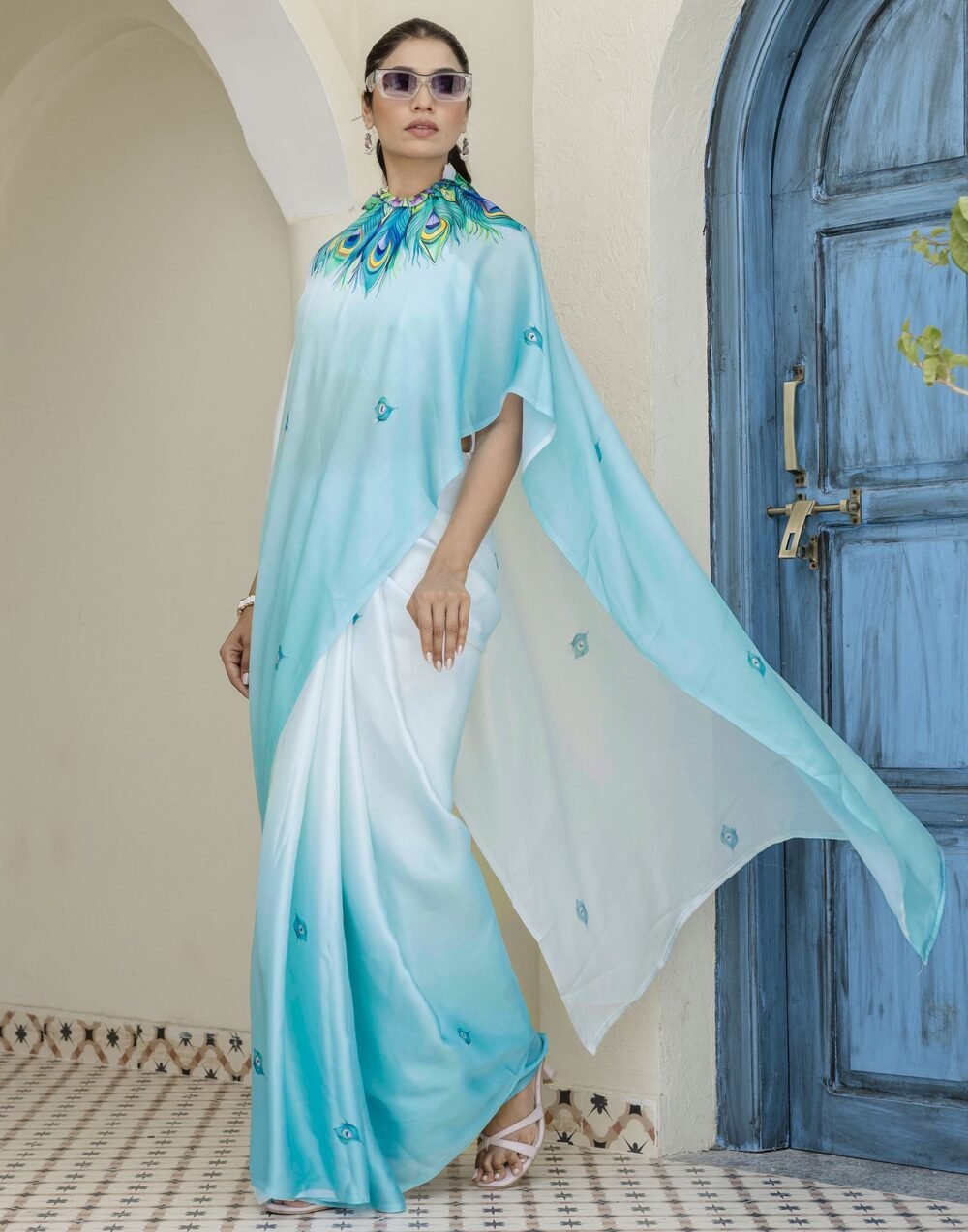 Handsfree Light Blue Satin Printed Saree - Image 8