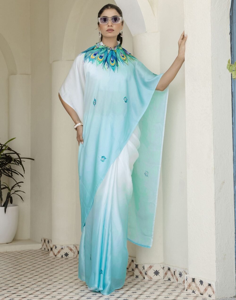 Handsfree Light Blue Satin Printed Saree - Image 4