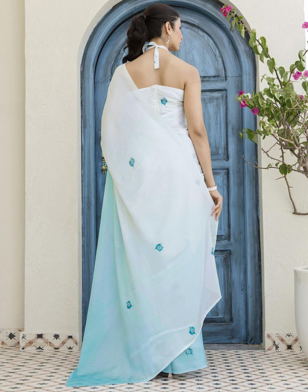 Handsfree Light Blue Satin Printed Saree - Image 9